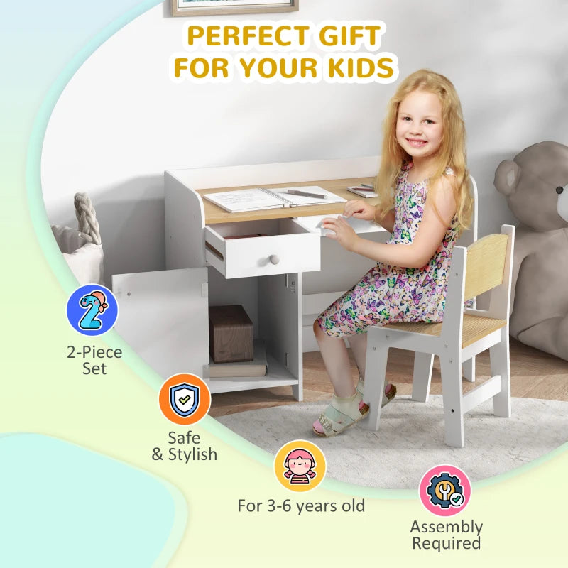 Kids Desk and Chair Set for 3-6 Years with Storage Drawer, Study Table and Chair for Children - White