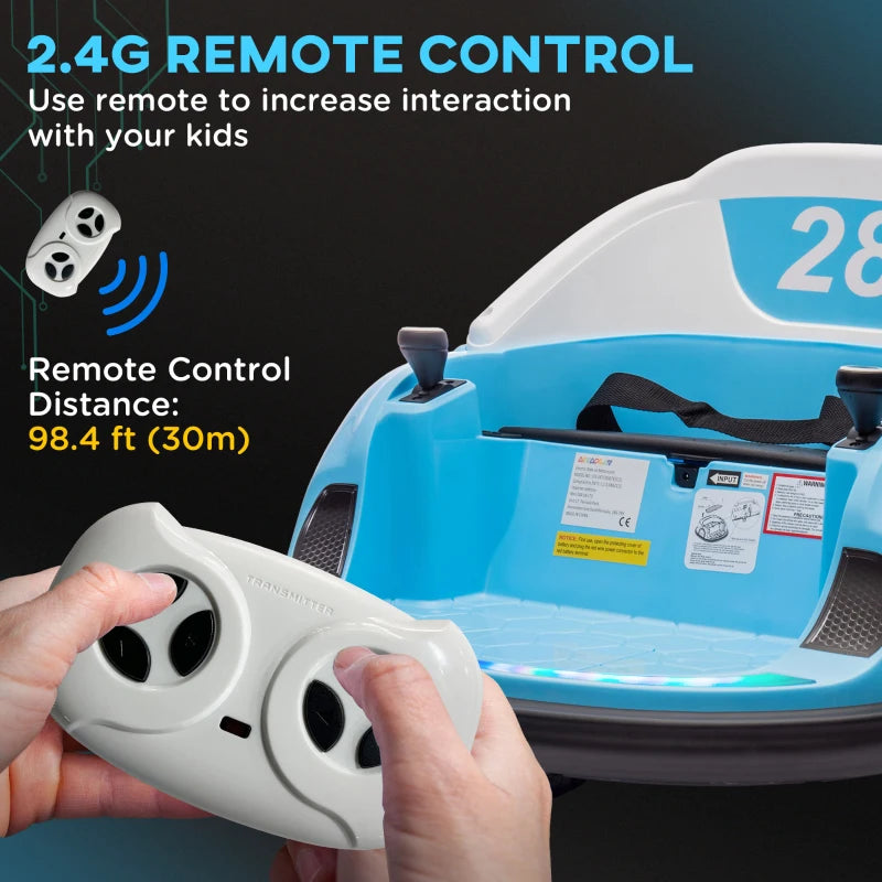 360° Rotation Kids Bumper Car, 12V Waltz Car with Remote Control, Dual Joystick, Music, Lights, Light Blue