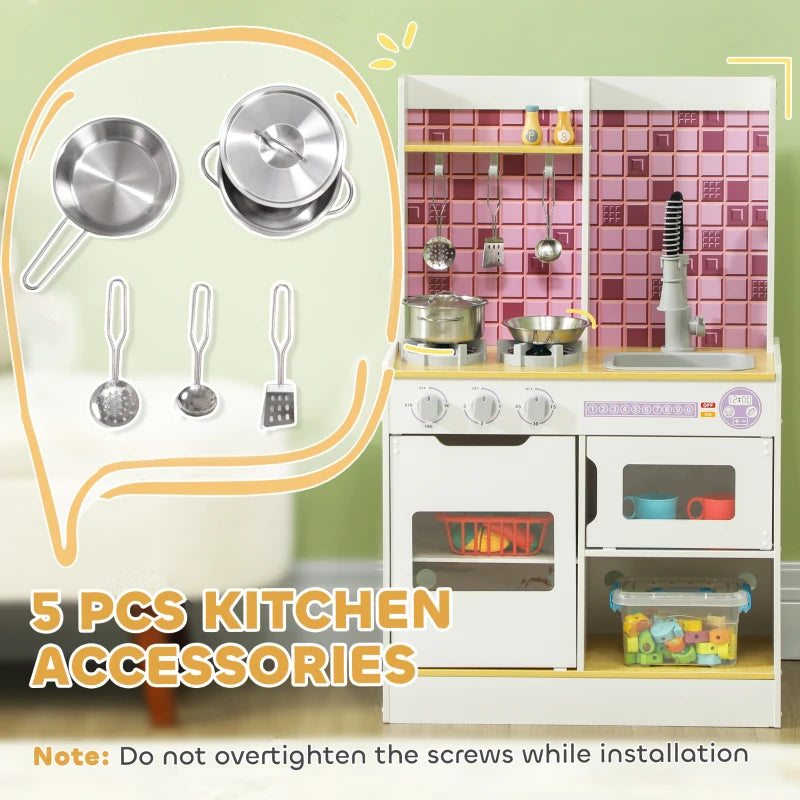 Kids Play Kitchen, Pretend Play Kitchen with Realistic Oven, Stove, Sink, Kitchen, Accessories, White
