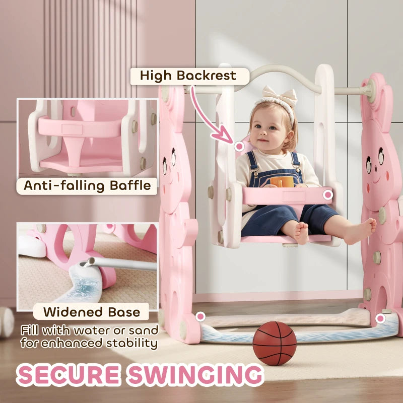 4 in 1 Kids Slide and Swing Set with Climber, Basketball Hoop, Rabbit-Themed, Pink