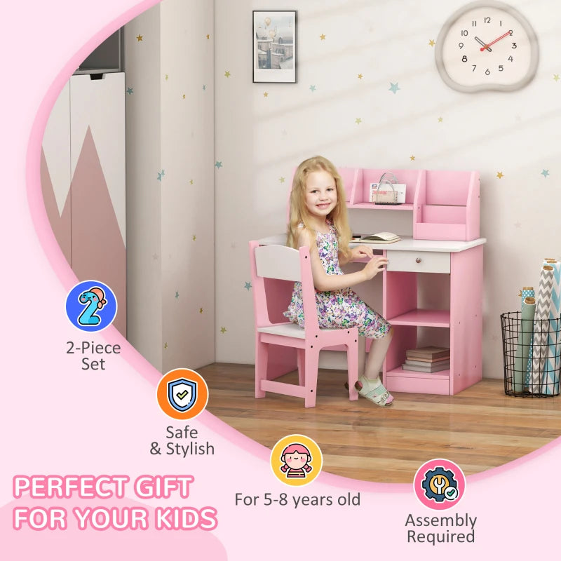Two-Piece Kids Desk and Chair Set with Storage, for Ages 5-8 Years - Pink