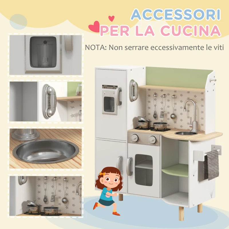 Toy Kitchen, Kids Play Kitchen, Role Playing Game with Phone, Ice Maker, Stove, Utensils, for 3-6 Years, White