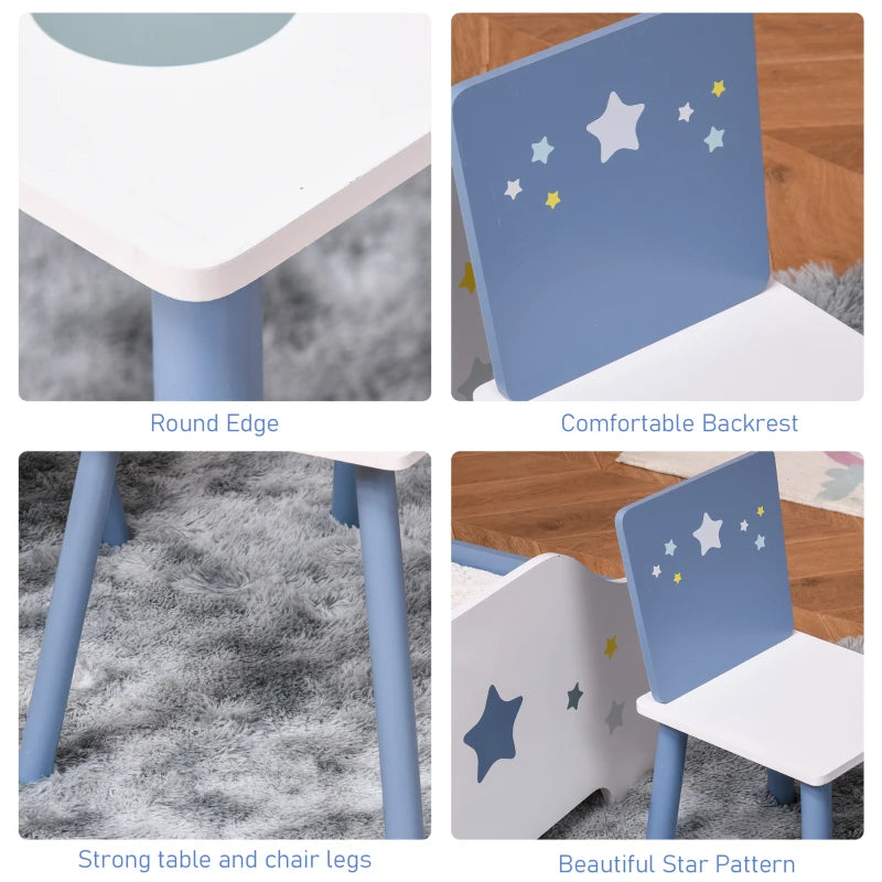 3 Pcs Kids Table & Chairs Set w/ Wood Legs Safe Corners Cute Stars Seating Mini Furniture Home Playroom Bedroom Dining Room Blue