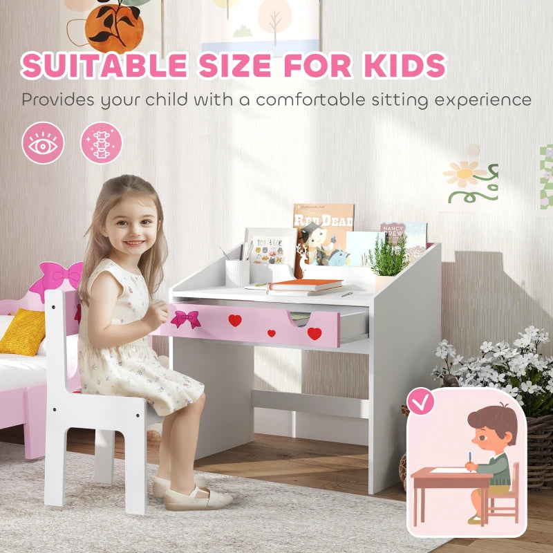 Children Study Table and Chair, Kids Desk and Chair Set with Storage, Pull-Out Drawer, for Ages 3-6 Years, Pink