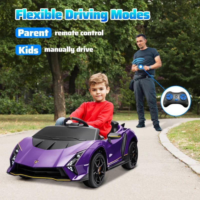 12V Lamborghini Autentica Licensed Kids Electric Car with Remote Control, Four Suspension Wheels, Soft Start, Purple
