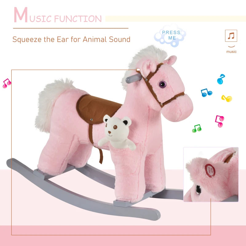 Kids Plush Ride-On Rocking Horse Toy Rocker with Plush Toy Realistic Sounds for Child 18-36 Months Pink