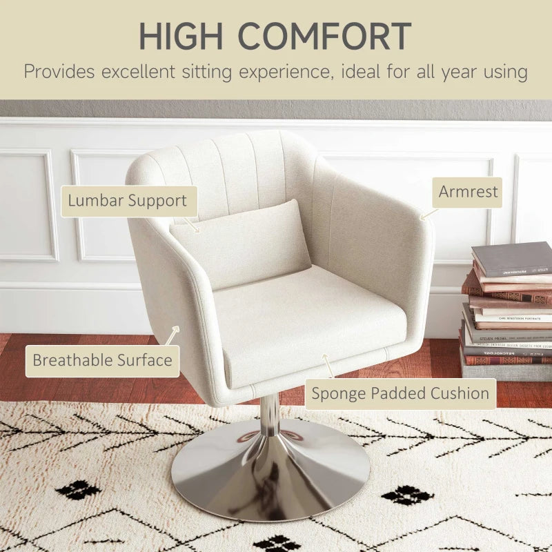 Modern Accent Chair with Swivel Base, Height Adjustable Arm Chair with Pillow for Living Room, Bedroom, Cream White