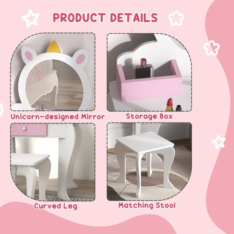 Unicorn-Design Kids Dressing Table, with Mirror and Stool - White