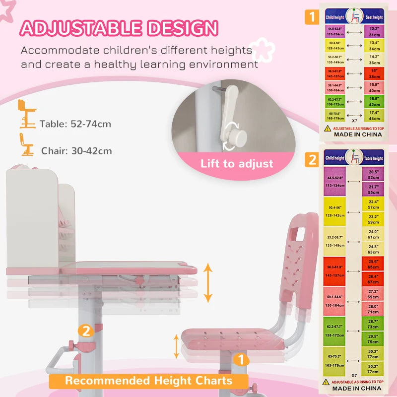 Height Adjustable Kids Study Table and Chair Set, with Drawer, Storage Shelf, 80 x 54.5 x 104 cm, Pink
