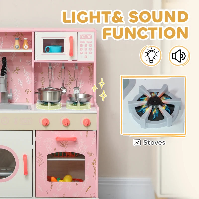 Play Kitchen, Kids Kitchen Set with Lights and Sounds, Double Stoves, Ice Maker, Chalkboard for 3+ Years, Pink