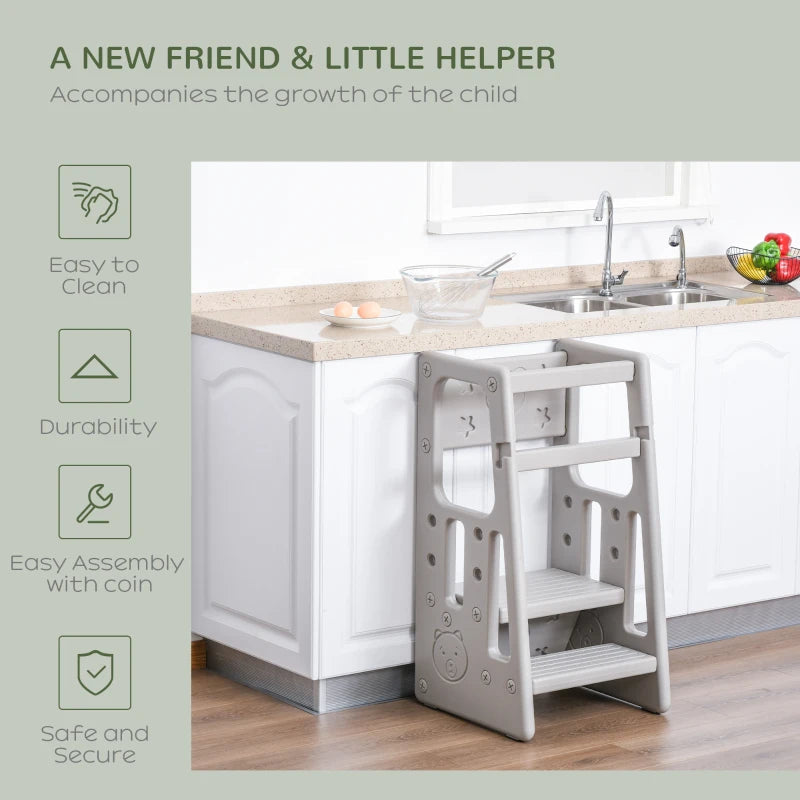 Kids Step Stool, with Adjustable Platform and Non-Slip Mat – Grey