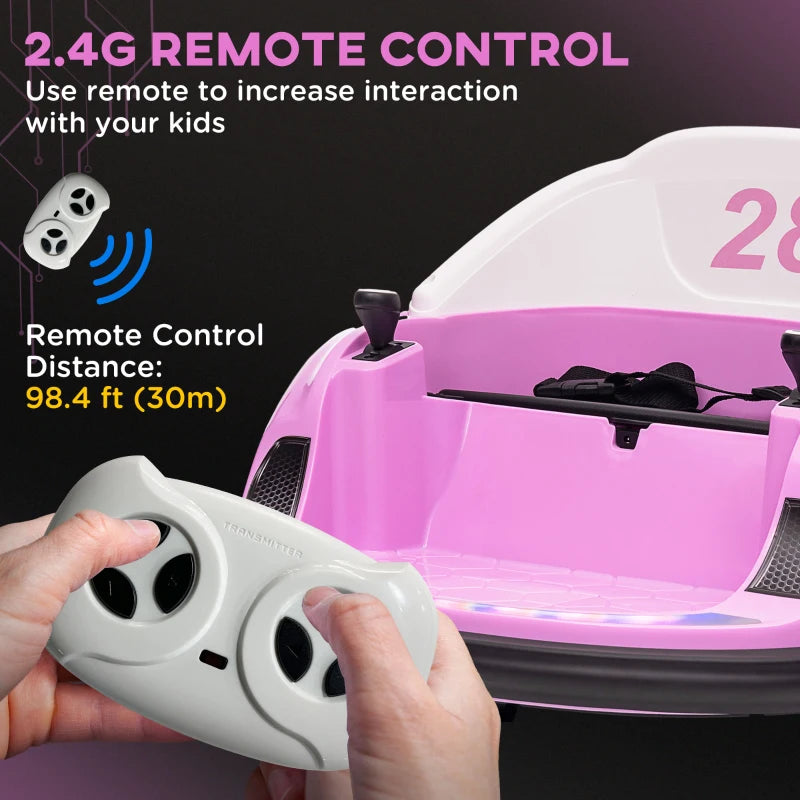 360° Rotation Kids Bumper Car, 12V Waltz Car with Remote Control, Dual Joystick, Music, Lights, Pink