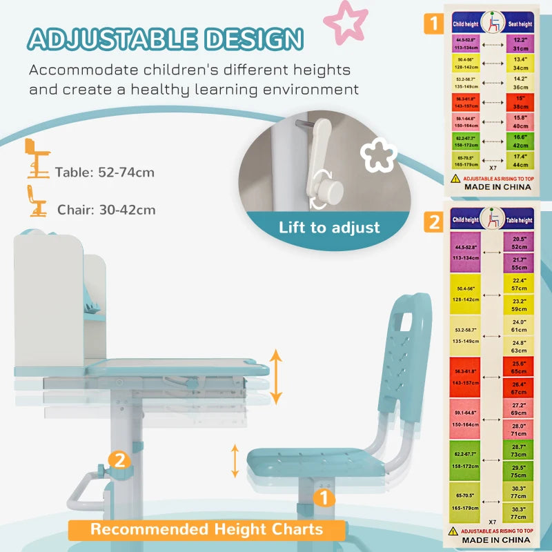 Height Adjustable Kids Study Table and Chair Set, with Drawer, Storage Shelf, 80 x 54.5 x 104 cm, Blue