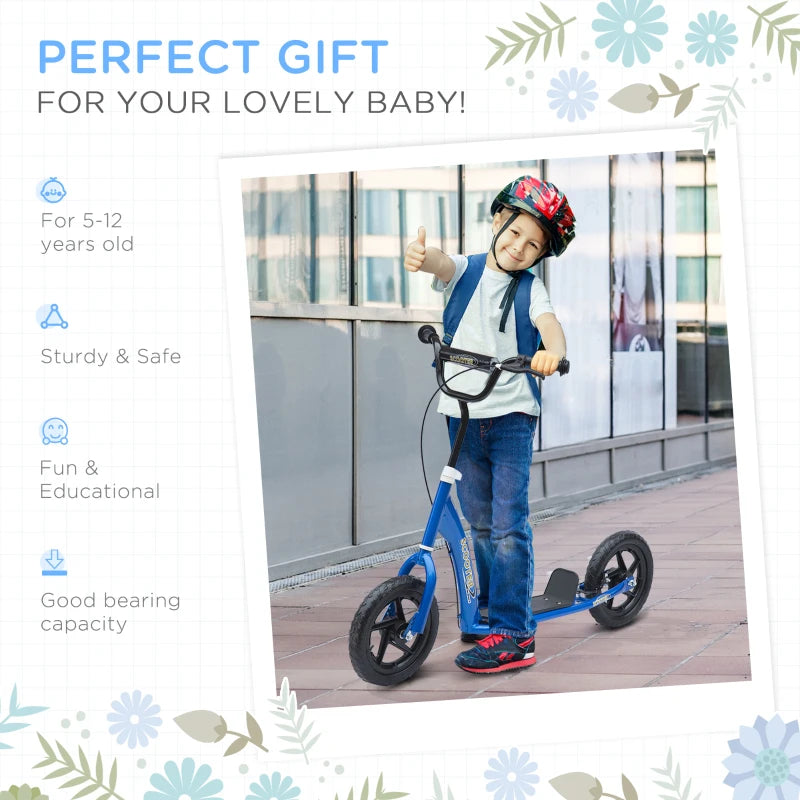Kids Scooter Kick Scooter, with 12" EVA Tyres, Rear Brake, Big Wheels Scooter for 5-12 Years , Blue