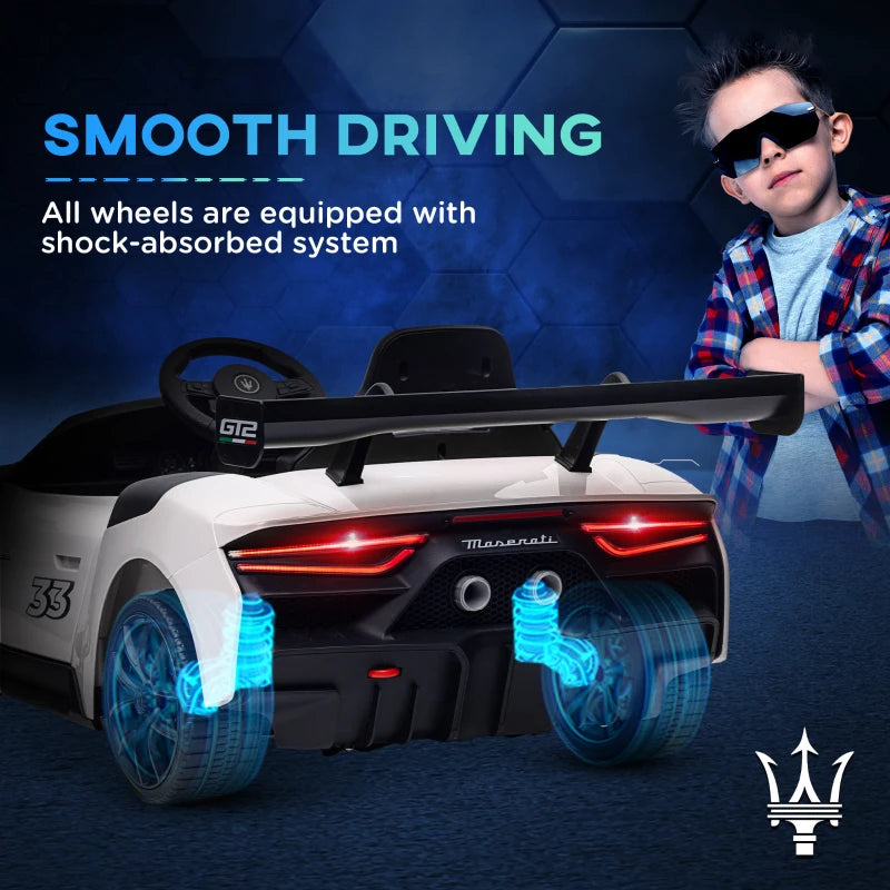 Maserati GT2 Licensed 12V Kids Electric Ride on Car with 4 Suspension Wheels, Remote Control, Music, Horn, Lights, White