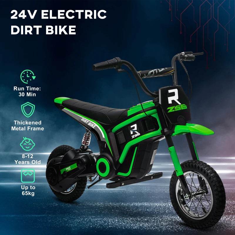 24V Electric Motorbike with Twist Grip Throttle, Music, Horn, 12" Pneumatic Tyres, 16km/h Max Speed - Green