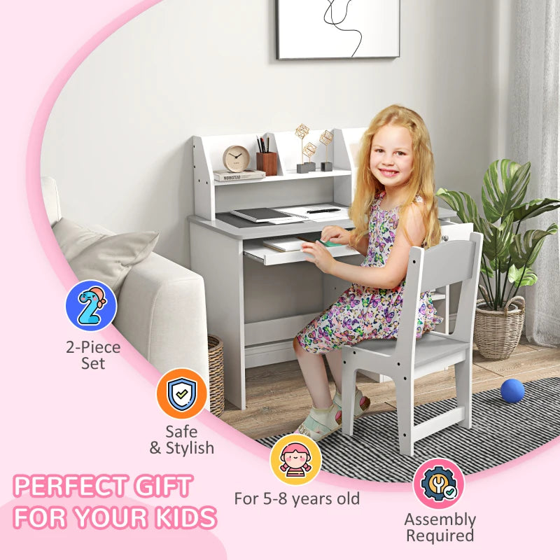 Two-Piece Kids Desk and Chair Set with Storage, for Ages 5-8 Years - Grey