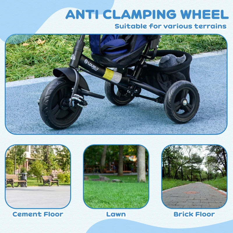 6 in 1 Kids Trike Push Bike with Push Handle, Canopy, 5-point Safety Belt, Storage, Footrest, Brake, for 1-5 Years, Dark Blue