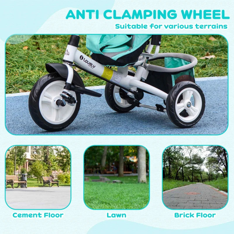 6 in 1 Kids Trike with Parent Handle, Canopy, 5-point Safety Belt, Storage, Footrest, Brake, for 1-5 Years, Green