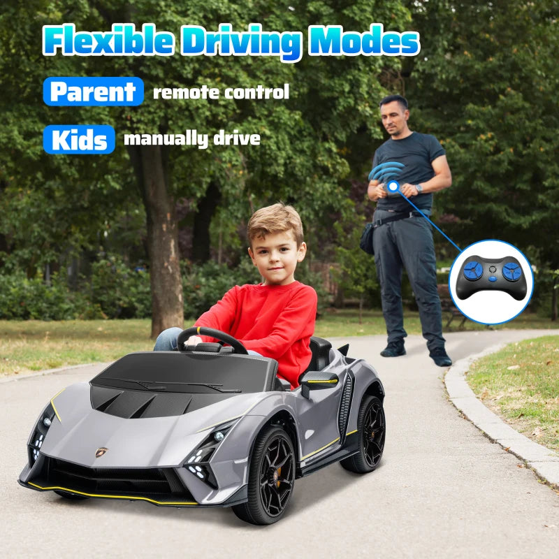 12V Lamborghini Autentica Licensed Kids Electric Car with Remote Control, 4 Suspension Wheels, Soft Start, Grey