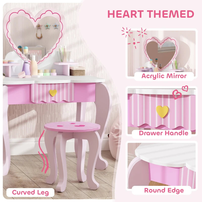 Kids Dressing Table Set, Vanity Table with Stool, Mirror, Drawer, Desktop Storage, Heart Theme, Pink