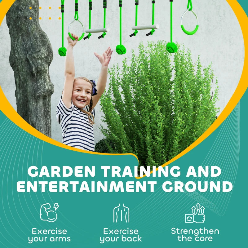 7-Piece Kids Zip Line Kit for Garden, 10m Kids Slackline Kit with Wooden Monkey Bars, Metal Rings, Gripping Balls, Green