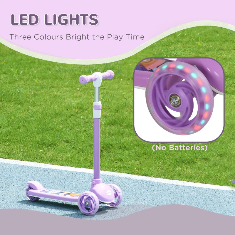 Kids 3 Wheel Scooter for 2-6 Years Old w/ Adjustable Height, LED Light, TPE Handlebar, Purple