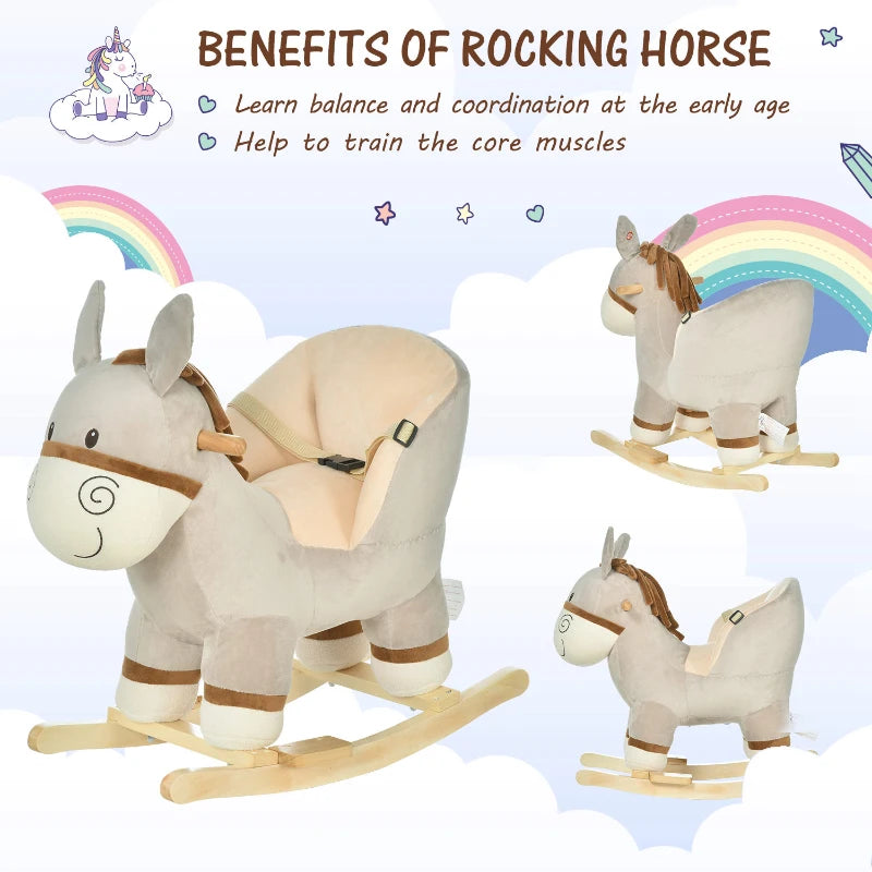Kids Rocking Horse, Children Plush Ride On Donkey Animal Rocker w/ Sound, Wood Base Seat, Safety Belt, Baby Toy Rocker for Toddler 18 - 36 Months, Grey