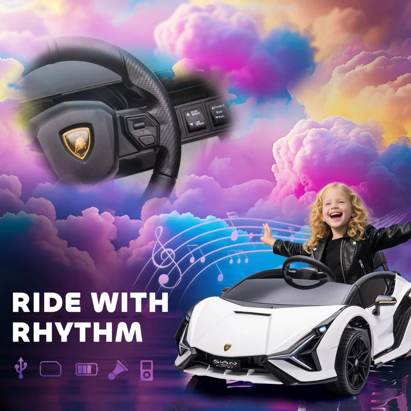 Lamborghini Sian Licensed 12V Kids Electric Ride On Car 2 Motors Toy Car with Remote Control Music Lights MP3 for 3-5 Years White