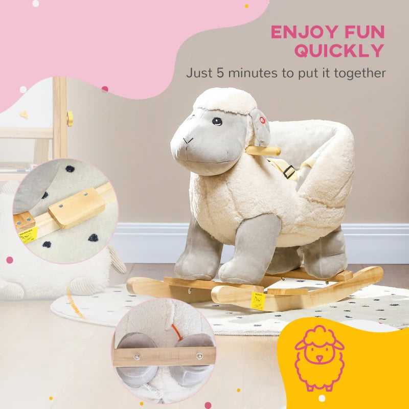Rocking Horse, Ride on Lamb with Safety Belt, Sound, for Ages 18-36 Months, Grey