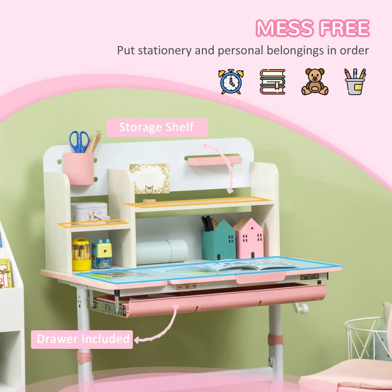 Kids Desk and Chair Set, with Storage Shelves, Washable Cover, for Ages 3-12 Years - Pink