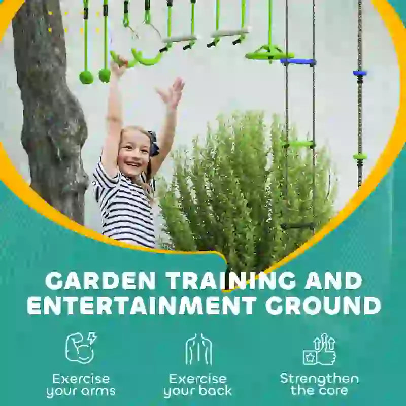 Obstacle course for Kids, with 10-Piece Slackline Kit with Monkey Bars, Gym Rings, Rope Ladder, Nest Swing, Hanging Tray