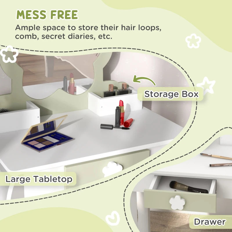Kids Vanity Table with Mirror and Stool, Drawer, Storage Boxes, Flower Design, for Ages 3-6 Years - White