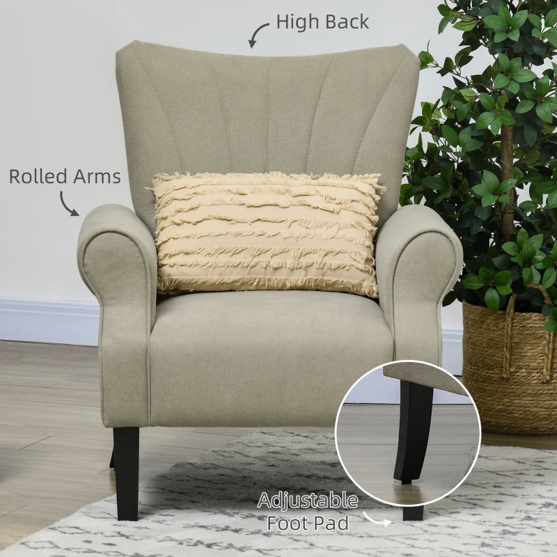 Upholstered Accent Chair with Rolled Arms and Wood Legs, Armchair for Living Room Bedroom, Beige