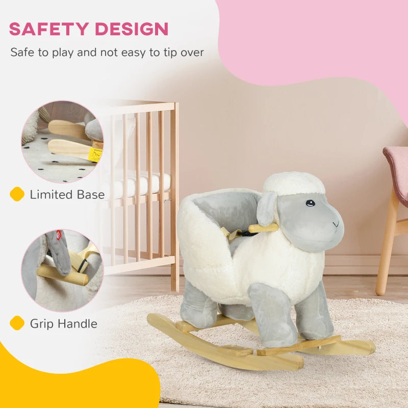 Rocking Horse, Ride on Lamb with Safety Belt, Sound, for Ages 18-36 Months, Grey