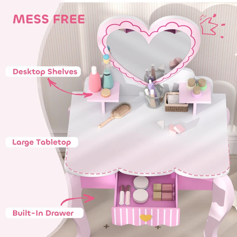 Kids Dressing Table Set, Vanity Table with Stool, Mirror, Drawer, Desktop Storage, Heart Theme, Pink