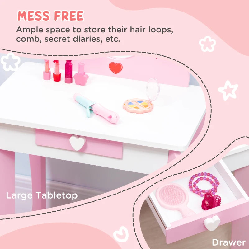 Kids Dressing table Set w/ Mirror, Stool, Drawer, Cute Patterns, for Ages 3-6 Years - Pink