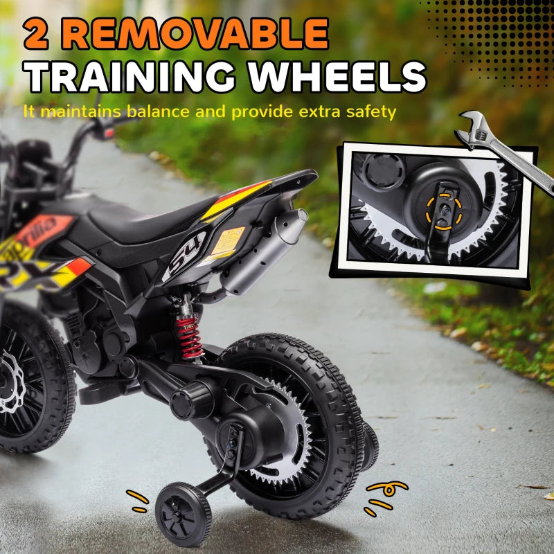 12V Aprilia Licensed Kids Motorbike with Training Wheels, Spring Suspension, LED Headlight, USB, Music, Yellow/black