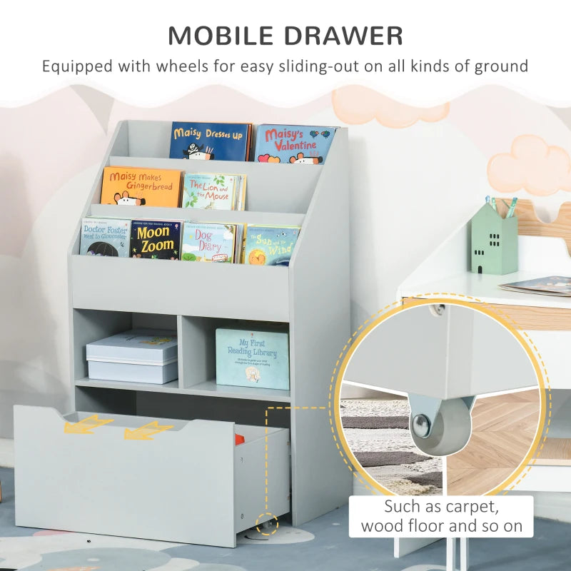 Kids Bookshelf, Toy Organiser, with Storage Drawer, Wheels - Grey