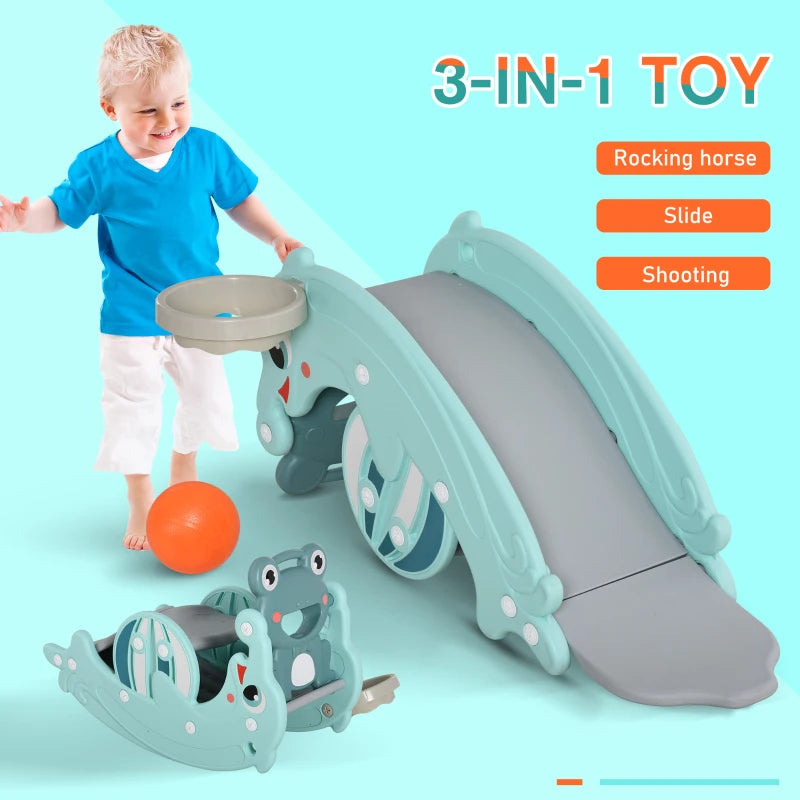 3-in-1 Baby Rocking Horse Portable Slide Basketball Hoop Equipment Indoor Outdoor Playground Toy, Age 18-36 Months, Green