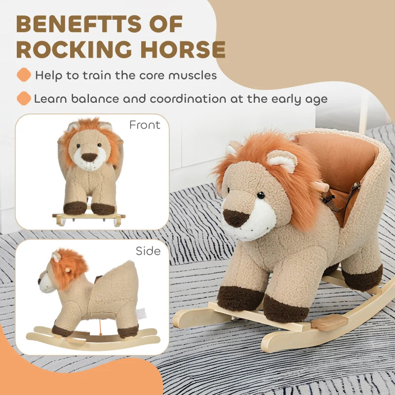 Kids Lion-themed Rocking Horse, with Roaring Sound Button, Seatbelt, Brown