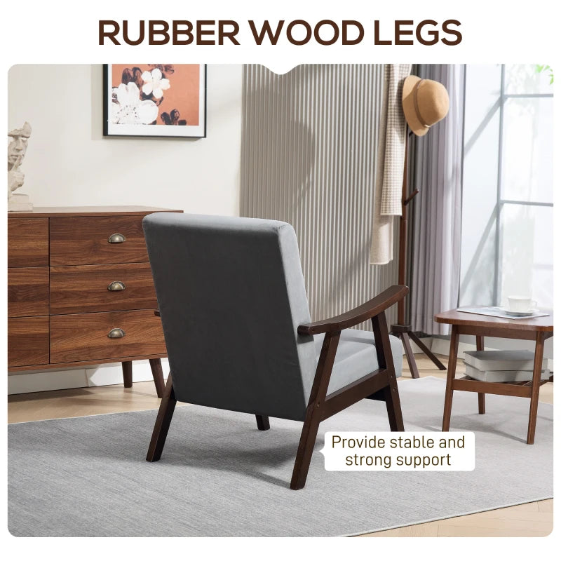 Nordic Accent Chair, Upholstered Velvet Armchair with Solid Wood Frame and Soft Thick Padded for Living Room, Bedroom, Grey