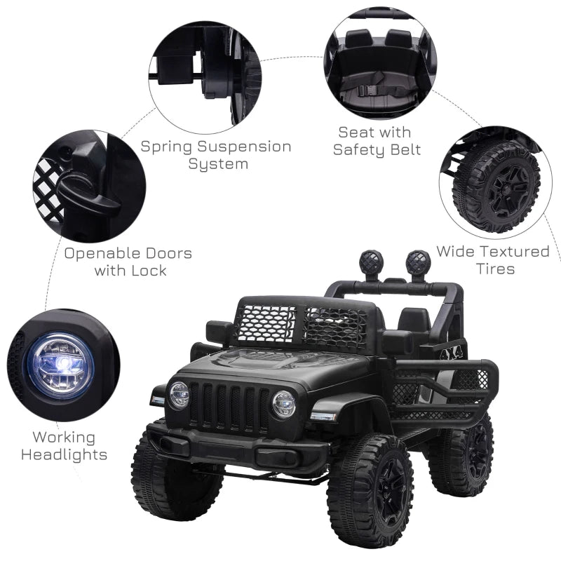 Kids Electric Ride On Car 12V Off Road Toy with Parental Remote Control 2 Motors Horn Lights Suspension Wheels for 3-6 Years Old Black