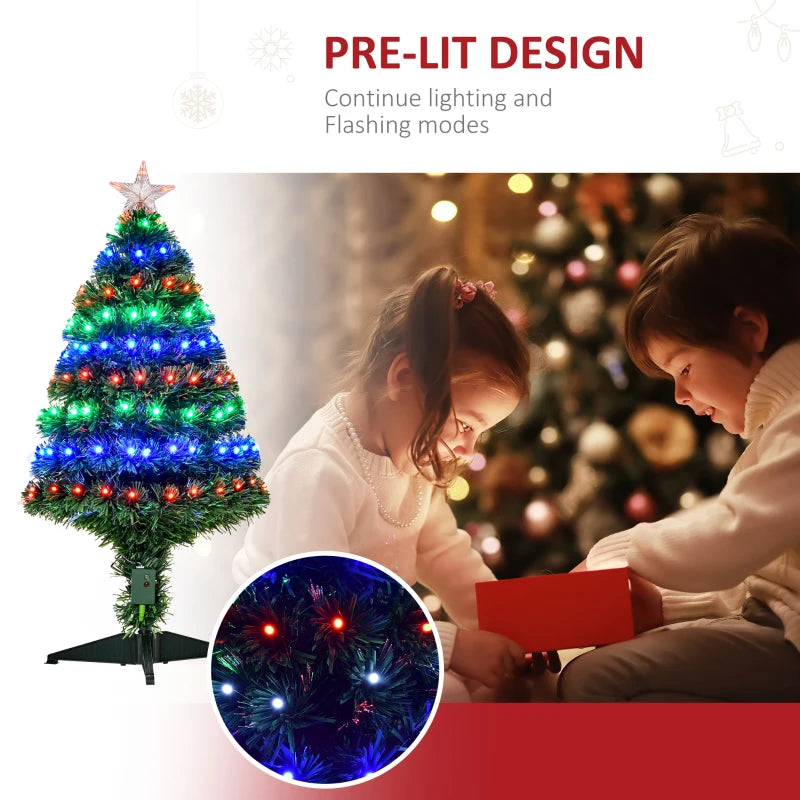 3 Feet Prelit Artificial Christmas Tree with Multi-Coloured Fiber Optic LED Light, Holiday Home Xmas Decoration, Green