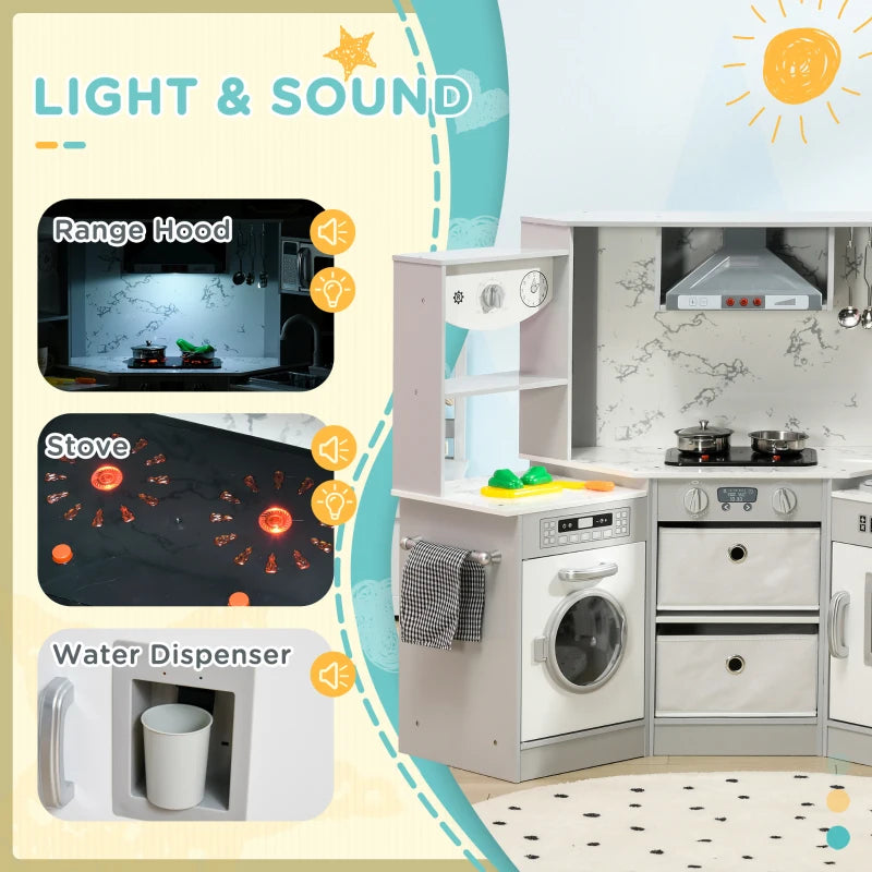 Toy Kitchen with Running Water, Lights, Sounds, Apron and Chef Hat, Water Dispenser, for Ages 3-6 Years, Grey