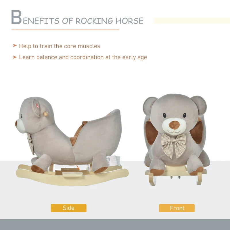 Kids Children Rocking Horse Plush Ride On Bear Seat w/ Sound Wood Base Seat Safety Belt Toddler Baby Toy for 18-36 Months Grey