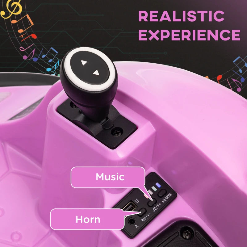 360° Rotation Kids Bumper Car, 12V Waltz Car with Remote Control, Dual Joystick, Music, Lights, Pink