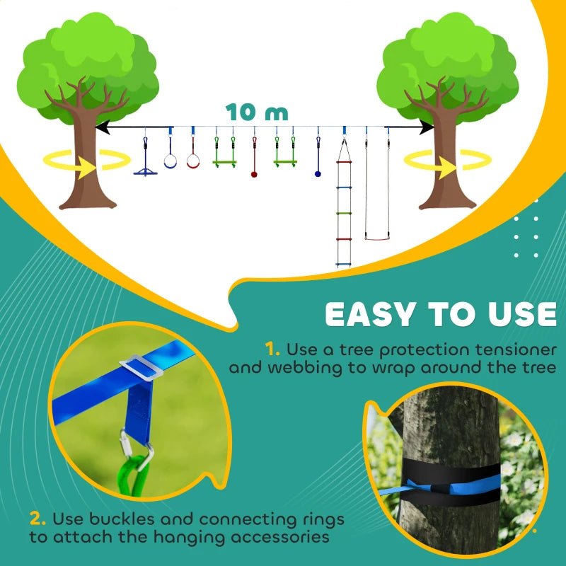 10-Piece Zip Line Kit for Kids with 10m Slackline, Monkey Bars, Swing, Climbing Ladder, Hanging Tray, Metal Rings