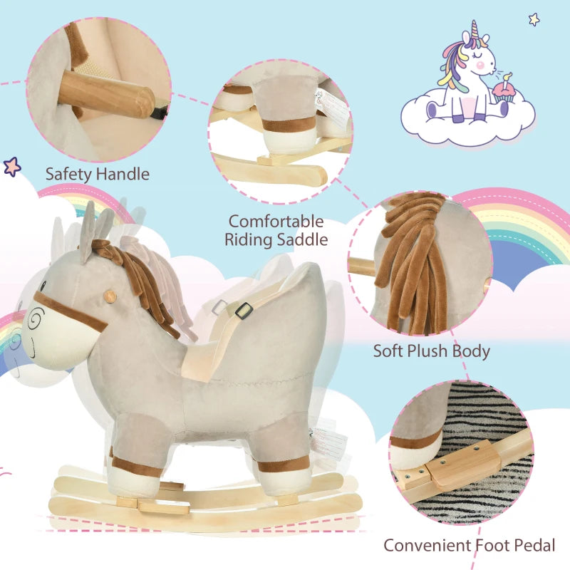 Kids Rocking Horse, Children Plush Ride On Donkey Animal Rocker w/ Sound, Wood Base Seat, Safety Belt, Baby Toy Rocker for Toddler 18 - 36 Months, Grey