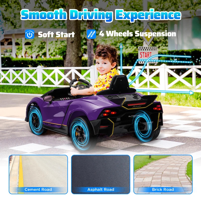 12V Lamborghini Autentica Licensed Kids Electric Car with Remote Control, Four Suspension Wheels, Soft Start, Purple
